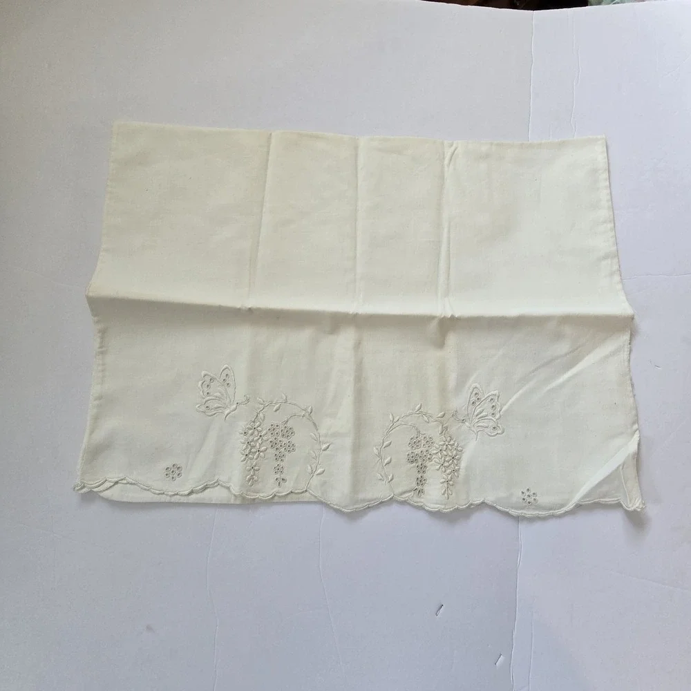 Vintage Embroidered Pillowcase Cream Boho Cottage Granny Shabby Cotton